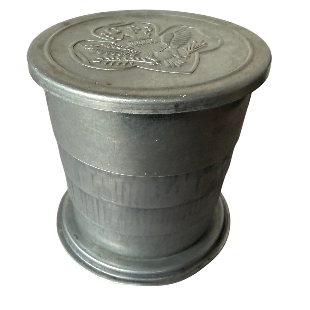 Vintage Girl Scouts of America Aluminum Collapsible Travel Cup Trefoil‎ Logo GSA